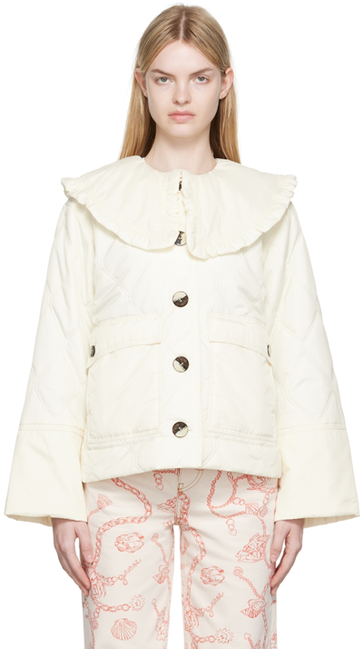 Ganni Ruffled-edge Quilted Recycled-ripstop Jacket In Egret