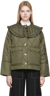 Ganni Ripstop Recycled Quilted Oversized Ruffle Collared Jacket In Green