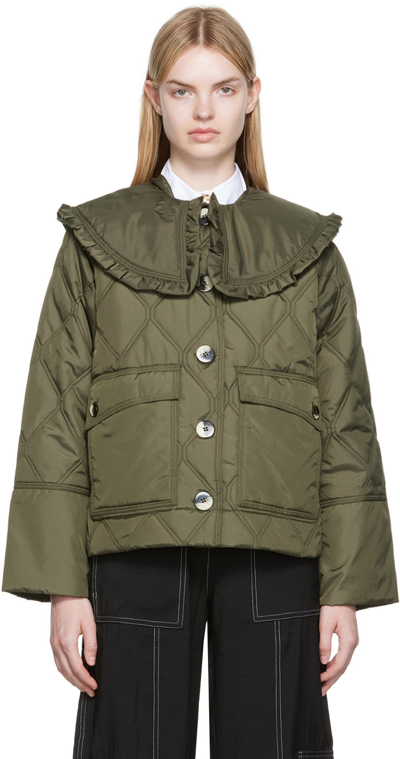 Ganni Ripstop Recycled Quilted Oversized Ruffle Collared Jacket In Green