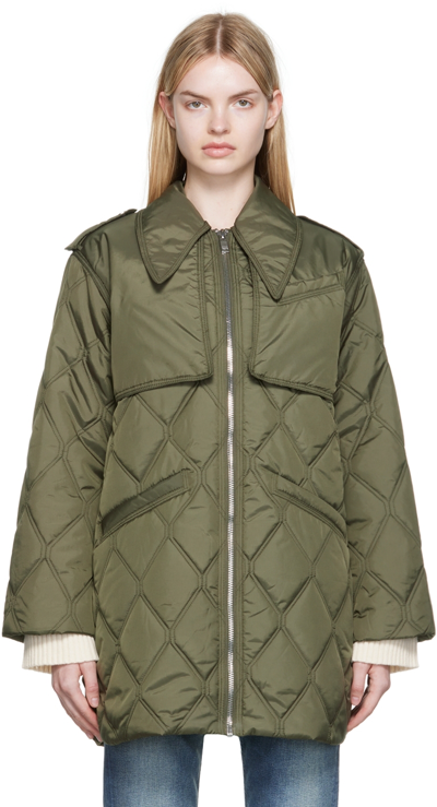 Ganni Quilted Green Recycled Ripstop Jacket Woman In Khaki