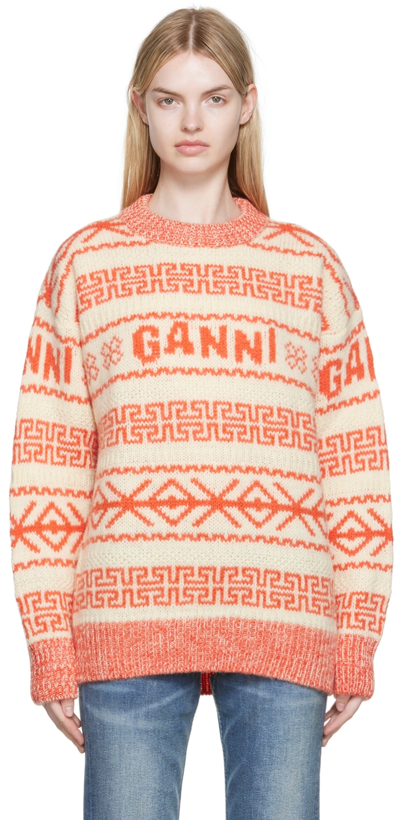 Ganni Orange Intarsia Logo Wool Jumper In Orange,beige