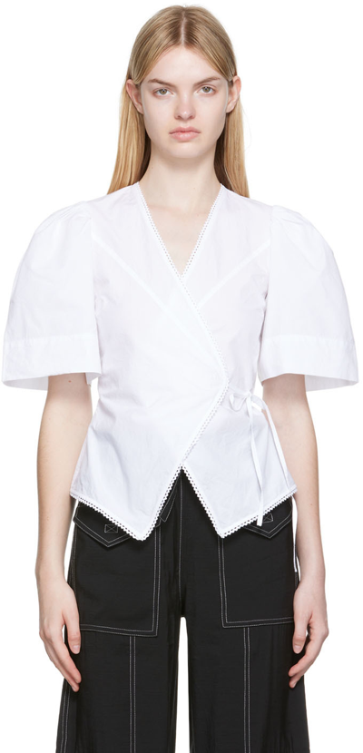 Ganni Wrap Short-sleeve Cotton Blouse In Bright White