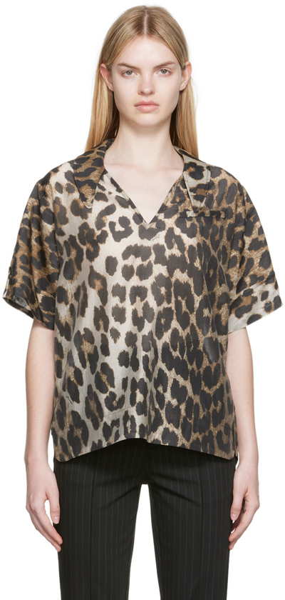 Ganni Brown Graphic Blouse In Maxi Leopard