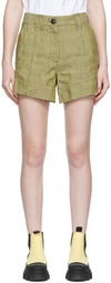 Ganni Yellow Linen Shorts In 311 Gold Fusion Chec