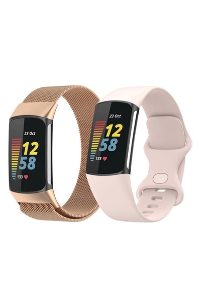 The Posh Tech Assorted 2-pack Silicone Sport & Stainless Steel Fitbit® Watchbands In Rose Gold/ Light Pink