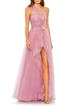 Mac Duggal Embellished Tulle One Shoulder High Low Gown In Rose