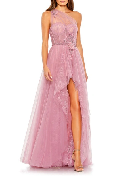 Mac Duggal Embellished Tulle One Shoulder High Low Gown In Rose
