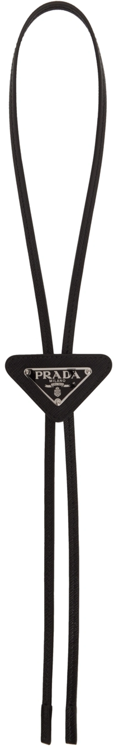 Prada Logo-plaque Leather Bolo Tie In Black