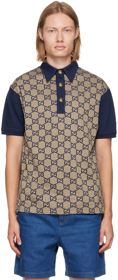 Gucci Jumbo Gg-jacquard Silk-blend Polo Shirt In Beige