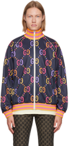 Gucci Jumbo Gg Technical Jersey Zip Jacket In 4681 Blue Night/purp