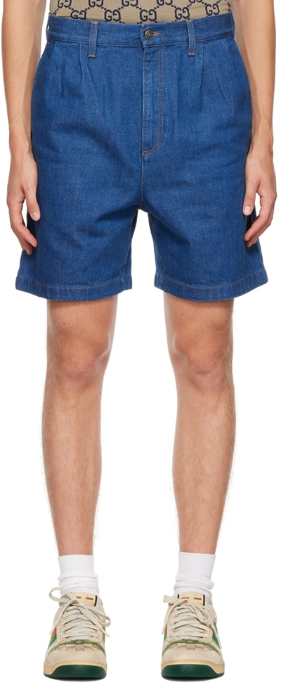 Gucci Straight-leg Pleated Embroidered Denim Shorts In Blue