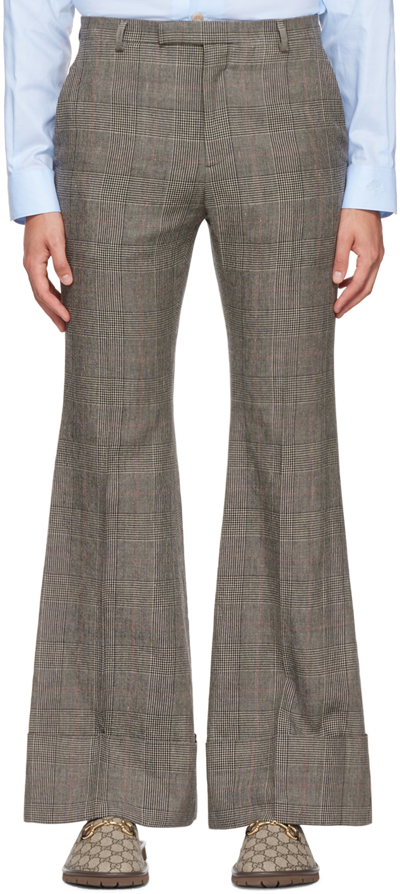 Gucci Prince Of Wales Wool Linen Trouser In Grey