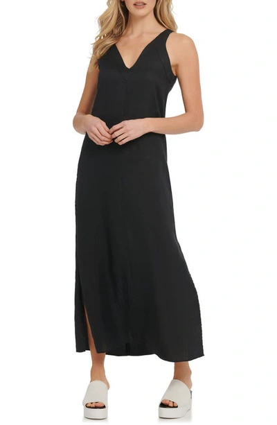 Dkny V-neck Linen Maxi Dress In Black