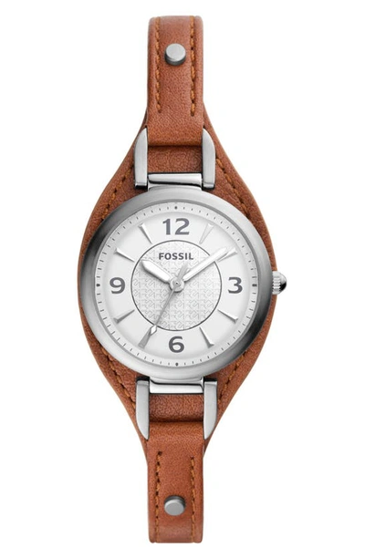 Fossil Women's Carlie Brown Leather Strap Watch, 28mm In Brown / White