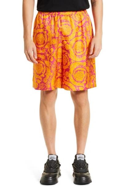 Versace Baroque Print Silk Twill Shorts In Orange