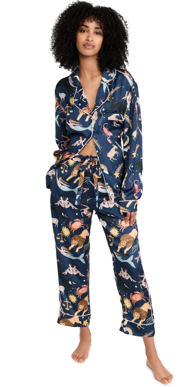 Karen Mabon Cropped Astrology-print Satin Pajama Set In Zodiac Navy