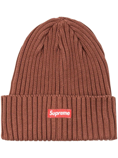 Supreme Box-logo Ribbed Beanie In Brown