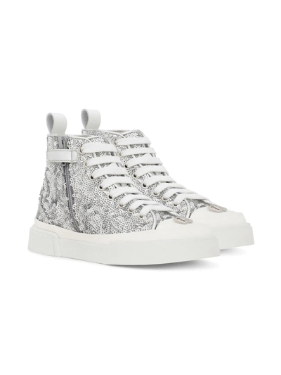 Dolce & Gabbana Kids' Portofino Glitter High-top Sneakers In Argento/bianco