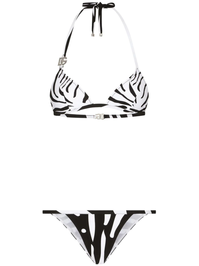 Dolce & Gabbana Zebra-print Triangle Bikini With Dg Logo In Bianco