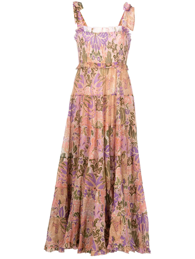 Zimmermann Violet Tiered Midi Sun Dress In Lilac Floral