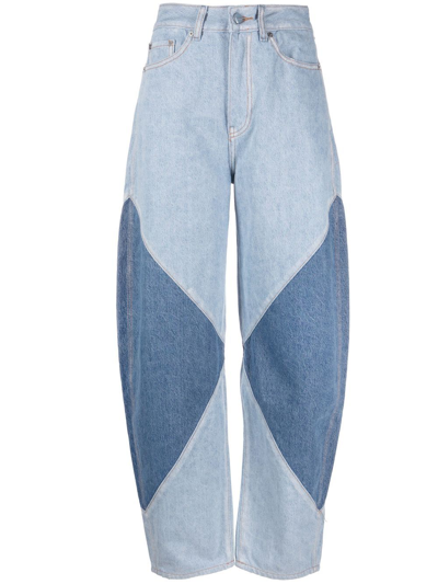 Ganni Stary Patchwork High Waist Organic Cotton Wide Leg Jeans In Denim