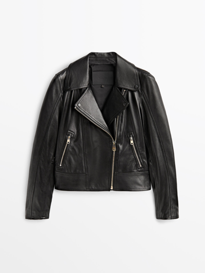 Massimo Dutti Nappa Leather Biker Jacket In Black