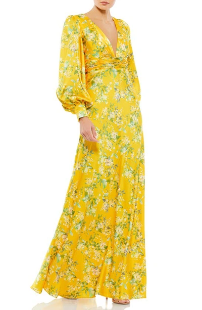Ieena For Mac Duggal Floral Bishop Long Sleeve V Neck Gown In Lemon/multi