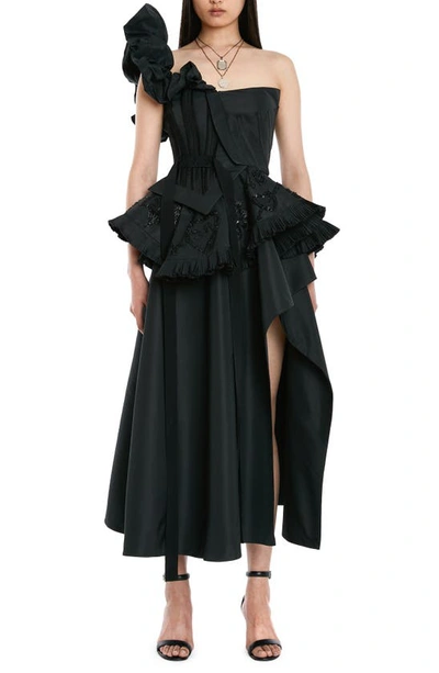 Alexander Mcqueen Embellished Deconstructed Bustier Peplum Tea-length Dress In Black
