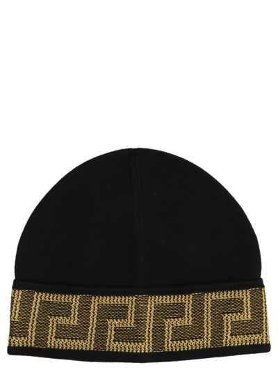 Versace Black Cotton And Cashmere Knit Hat In Nero