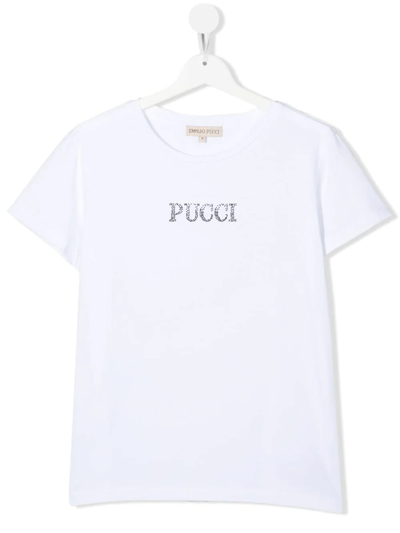 Emilio Pucci Kids White T-shirt With Rhinestone Logo In C