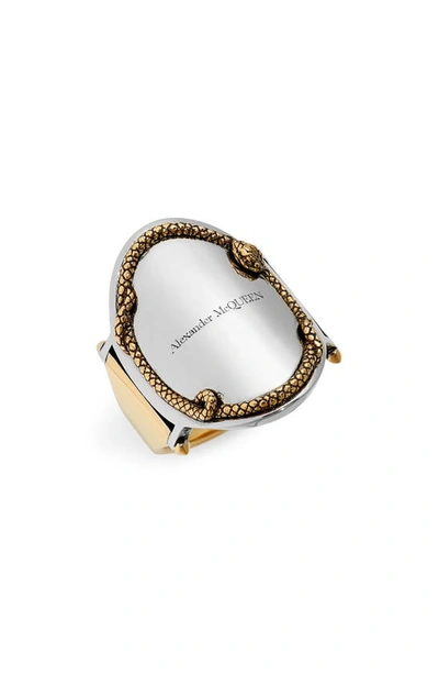 Alexander Mcqueen Snake Medallion Signet Ring In Silver Gold