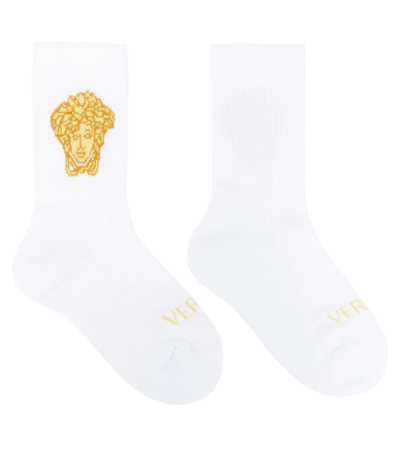 Versace Kids' La Medusa Cotton-blend Socks In Bianco+oro