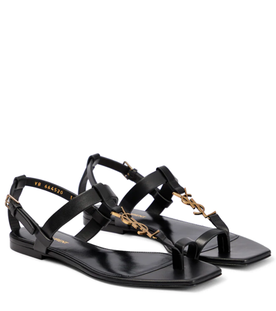 Saint Laurent Cassandra Flat Leather Sandals In Nero