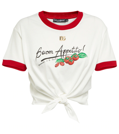 Dolce & Gabbana White Buon Appetito Cropped Cotton T-shirt In Buon Appetito F.bco