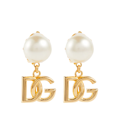 Dolce & Gabbana Logo Faux Pearl Earrings In Gold