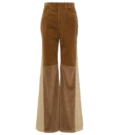 Chloé Hemp And Paper Blend-trimmed Cotton Flared Trousers In Brown