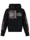 Heron Preston Black Color Blocks Hoodie In Jersey With Allover Gothic Logo Print And Patch Man In Black