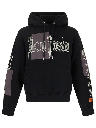 Heron Preston Black Color Blocks Hoodie In Jersey With Allover Gothic Logo Print And Patch Man