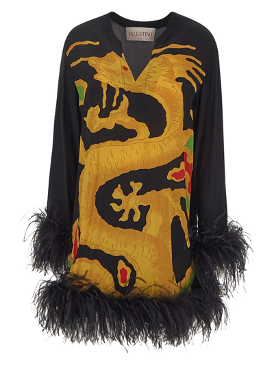 Valentino Abito In Crepe De Chine Stampa Drago Re-edition Ricamato Con Piume In Black