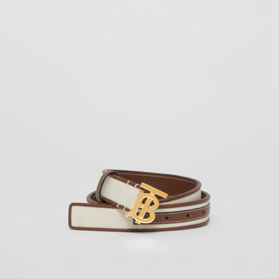 Burberry Monogram Motif Canvas And Leather Belt In White/tan/gold