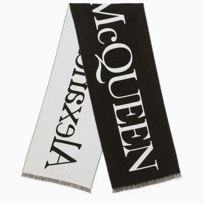 Alexander Mcqueen Logo Fringe Wool Scarf In Black