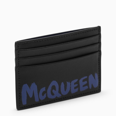 Alexander Mcqueen Black And Blue Card Holder With Graffiti Logo