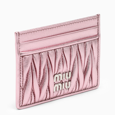 Miu Miu Metallic Pink Matelassé Leather Cardholder In Pink & Purple