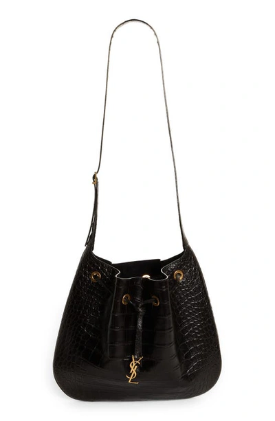 Saint Laurent Paris Vii Flat Croc Embossed Leather Hobo Bag In Nero