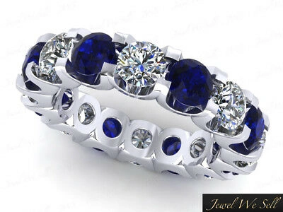 Pre-owned Jewelwesell 5.10ct Round Sapphire Diamond Shared U-prong Eternity Band Ring 14k Aaaa F Vs2