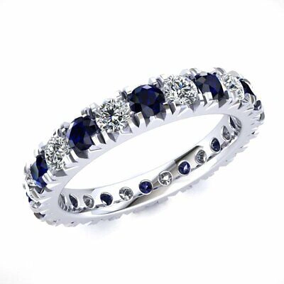 Pre-owned Jewelwesell Eternity Band Ring 2.10ctw Round Sapphire & Diamond 10k White Gold In Gh