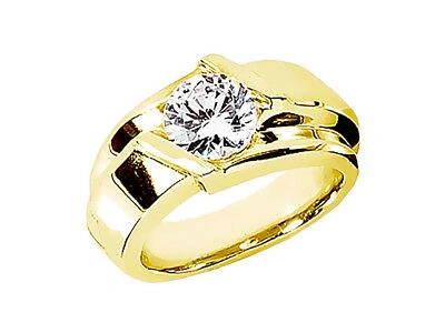 Pre-owned Jewelwesell Natural 0.75ct Round Cut Solitaire Mens Band Ring 18k Yellow Gold I Si2 Channel