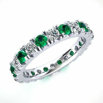 Pre-owned Jewelwesell Eternity Band Ring 2.05ct Round Emerald & Diamond 10k White Gold In Green