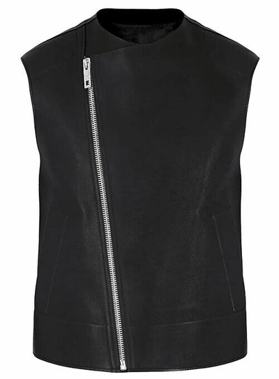 Pre-owned Goldensleather Men Stylish Genuine Leather Cross-zipper Vest Jacket In Black