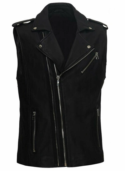 Pre-owned Goldensleather Men Stylish Genuine Leather Notched Collared Multi-zip Vest Jacket In Black